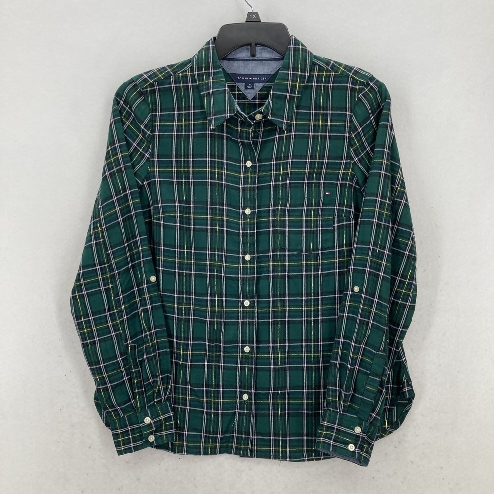 Tommy Hilfiger Shirt Mens Medium Green Gold Plaid Button Up Long Sleeve Preppy